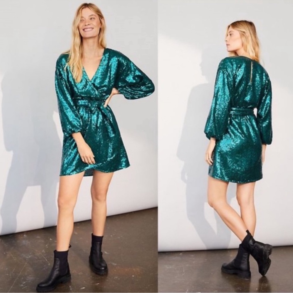 Anthropologie - Lisabette Green Sequin Mini Boho Dress